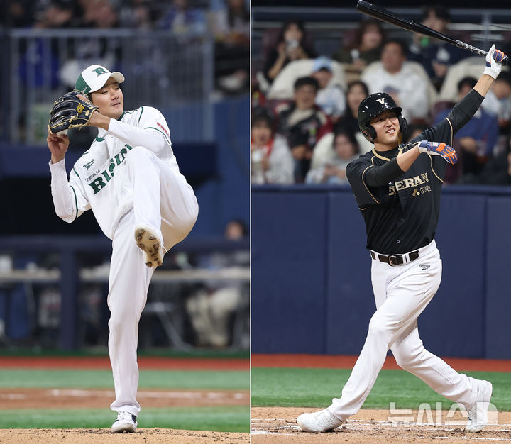 [서울=뉴시스] 김선웅 기자 = 30일 서울 구로구 고척스카이돔에서 열린 '더 제너레이션 매치 상상인메디카코리아' 팀 베테랑 vs 팀 라이징의 경기, 교체투수로 나선 팀 라이징 안재석이 타석에 오른 고영표의 투구 폼을 흉내내고 있다. 2025.11.30. mangusta@newsis.com