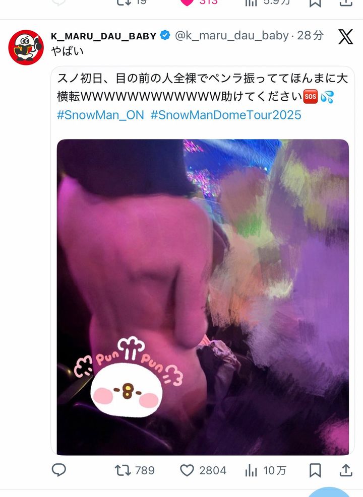 [뉴시스] 일본의 인기 아이돌 그룹 스노우맨(Snow Man)의 콘서트 현장에서 한 여성 관객이 전라 상태로 공연을 즐기는 모습. (사진=엑스 캡처) 2025.12.1 *재판매 및 DB 금지