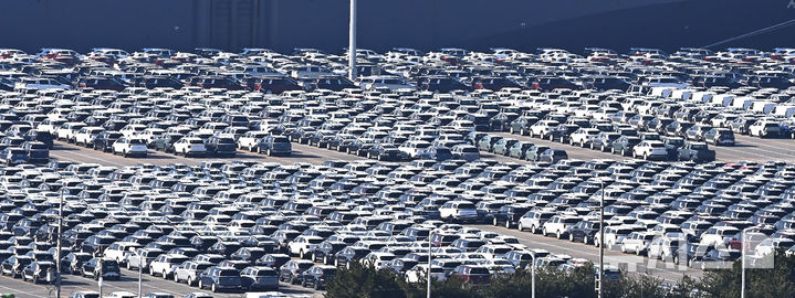 [평택=뉴시스] 지난 10월 경기 평택시 포승읍 평택항 자동차 전용부두에 선적을 기다리는 수출용 차량이 주차돼 있다. (사진=뉴시스DB)