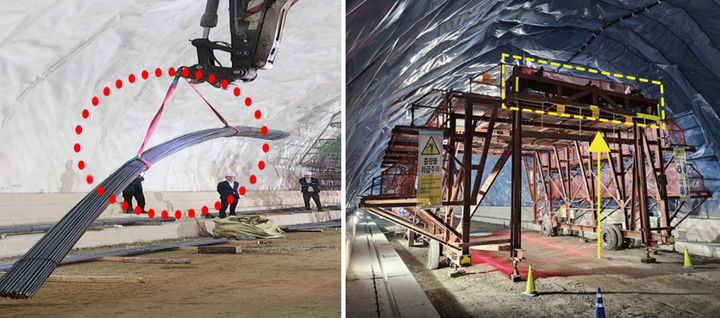 기존에 터널공사 현장에서 중장비를 이용해 자재를 옮기는 모습(왼쪽)과 롯데건설 터널공사 현장에서 작업대차에 설치한 양중리프트를 이용해 자재를 옮기는 모습(오른쪽). (사진=롯데건설 제공) *재판매 및 DB 금지