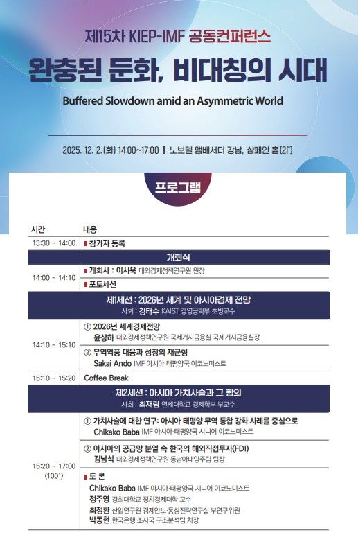 [세종=뉴시스] 국책연구기관 대외경제정책연구원(KIEP)은 2일 서울 강남구 노보텔 앰배서더 강남에서 '2026년 세계경제 전망: 완충된 둔화, 비대칭의 시대'를 주제로 '제15차 KIEP-국제통화기금(IMF) 공동컨퍼런스'를 개최했다고 밝혔다. 사진은 관련 포스터. (사진=KIEP 제공) 2025.12.02. photo@newsis.com *재판매 및 DB 금지