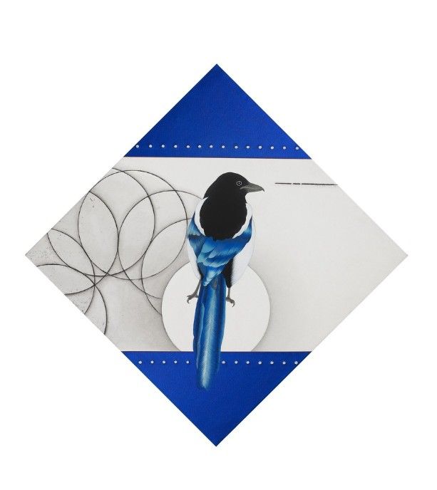 밸런스 게임(Balance Game), 2024 손지 5배접에 분채와 석채, 오일 드로잉, 비단에 자수 콜라주, 64×64cm *재판매 및 DB 금지