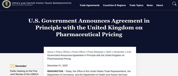 [서울=뉴시스] 미국과 영국이 의약품 관세 협상을 타결했다고 1일(현지 시간) 유로 뉴스 등이 보도했다. 사진은 미국 무역대표부(USTR) 홈페이지에 게재된 보도자료. (사진 출처: USTR 홈페이지) 2025.12.02. *재판매 및 DB 금지