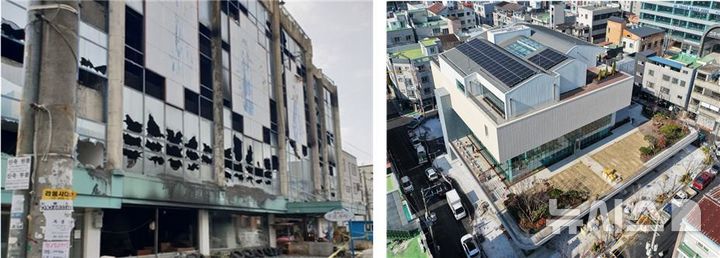 [진주=뉴시스]경남 진주 성북동 옛 영남백화점 건물 도심재생사업 전과 후 모습. (사진=경남도 제공) 2025.12.02. photo@newsis.com