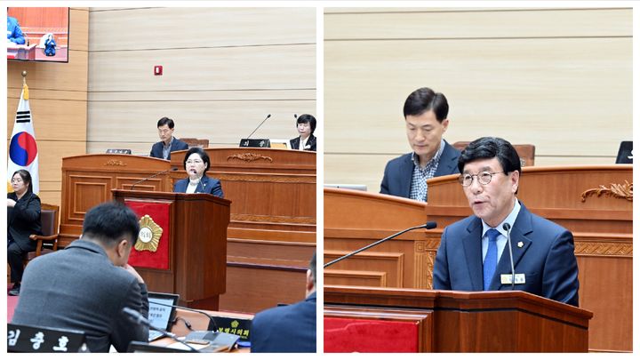 [보령=뉴시스] 왼쪽부터 5분 발언을 하는 보령시의회 서경옥 의원과 성태용 의원. (사진=보령시청 제공) 2025.12.02. photo@newsis.com *재판매 및 DB 금지