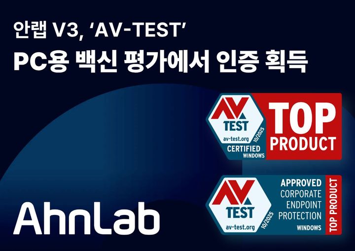 [서울=뉴시스] 안랩은 PC 보안 솔루션 'V3'가 글로벌 보안 제품 성능 테스트인 AV-TEST의 2025년 9~10월 윈도우용 백신 평가에서 종합점수 만점으로 인증을 획득했다고 2일 밝혔다. (사진=안랩 제공) 2025.12.02. photo@newsis.com *재판매 및 DB 금지