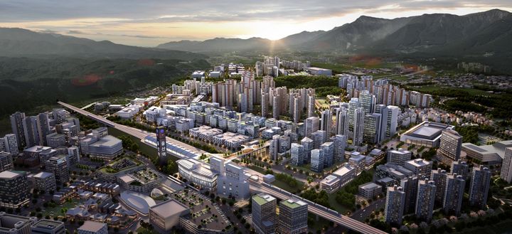 [울산=뉴시스] 울산경제자유구역청은 3일 오전 10시 30분 울주군 삼남읍 신화리 일원에서 ‘울산KTX 역세권 복합특화단지(뉴온시티)' 기공식을 개최한다고 밝혔다. 사진은 조감도. (사진= 울산시 제공) 2025.10.03.photo@newsis.com *재판매 및 DB 금지