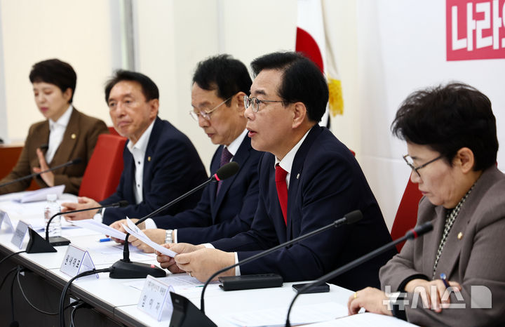 [서울=뉴시스] 김명년 기자 = 송언석 국민의힘 원내대표가 2일 오전 서울 여의도 국회에서 열린 대미투자특별법 점검 상임위원장-간사단 회의에서 발언하고 있다. 2025.12.02. kmn@newsis.com