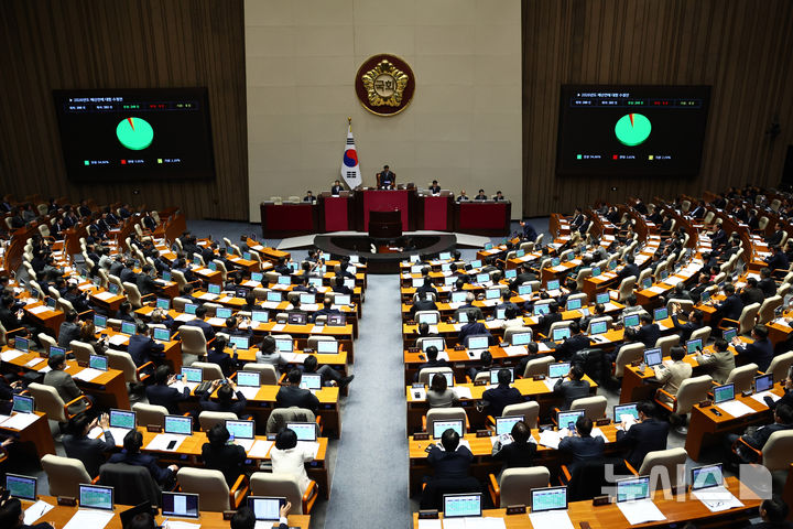[서울=뉴시스] 김명년 기자 = 2일 오후 서울 여의도 국회에서 열린 본회의에서 2026년도 예산안이 통과되고 있다. 2025.12.02. kmn@newsis.com