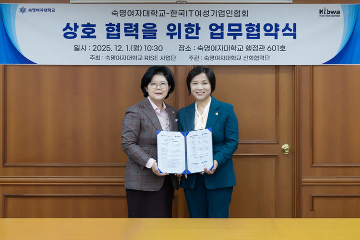 [서울=뉴시스] 지난 1일 숙명여대 행정관에서 열린 업무협약식에서 문시연 숙명여대 총장(왼쪽)과 김덕재 한국IT여성기업인협회 회장이 기념사진을 촬영하고 있다. (사진=숙명여대 제공) 2025.12.03. photo@newsis.com *재판매 및 DB 금지