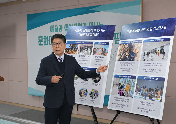 [울산=뉴시스] 울산 고래문화재단 관계자가 3일 남구청 프레스센터에서 남구지역 문화예술창작촌 운영 성과 등을 설명하고 있다. (사진=울산 남구 제공) 2025.12.03. photo@newsis.com *재판매 및 DB 금지