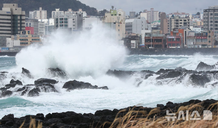 [제주=뉴시스] 우장호 기자 = 기상이 악화한 3일 오후 제주시 용담2동 해안가에 강한 바람과 큰 파도가 몰아치고 있다.기상청에 따르면 풍랑특보가 발효된 제주도 앞바다에는 4일 오전까지 물결이 최대 4.0m 내외로 매우 높게 일겠다. 2025.12.03. woo1223@newsis.com