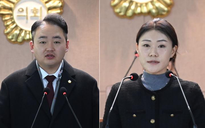 [대전=뉴시스] 조명휘 기자 = 조대웅(국민의힘·다선거구·왼쪽), 유승연(무소속·나선거구) 대던 대덕구의원이 4일 제290회 제2차 정례회 제3차 본회의에서 구정질문을 하고 있다. (사진= 대덕구 제공) 2025.12.04. photo@newsis.com *재판매 및 DB 금지