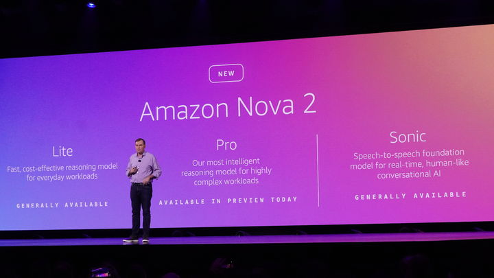 맷 가먼 AWS CEO가 미국 라스베이거스에서 현지시각 지난 1일 개막한 자사 연례 행사 리인벤트에서 노바 2 모델을 소개하고 있다(사진=AWS 코리아 제공) *재판매 및 DB 금지