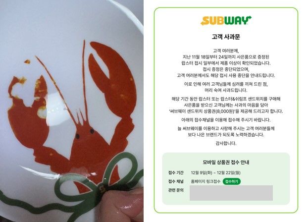 [뉴시스] 써브웨이는 4일 공식 홈페이지에 "사은품으로 증정된 랍스터 접시 일부에서 제품 이상이 확인됐다"며 고객 사과문을 올렸다. (사진= X, 써브웨이 홈페이지 캡처)  *재판매 및 DB 금지