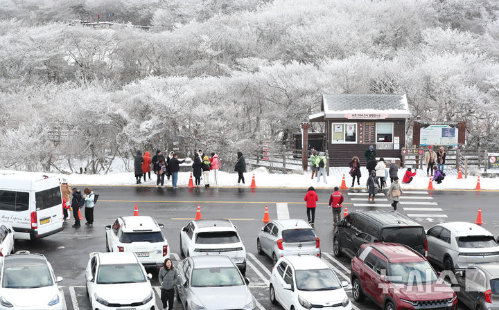 [제주=뉴시스] 우장호 기자 = 기습 추위가 절정에 달한 4일 오전 제주 한라산 1100고지를 찾은 관광객들이 활짝 피어난 상고대를 감상하며 겨울 정취를 만끽하고 있다. 2025.12.04. woo1223@newsis.com