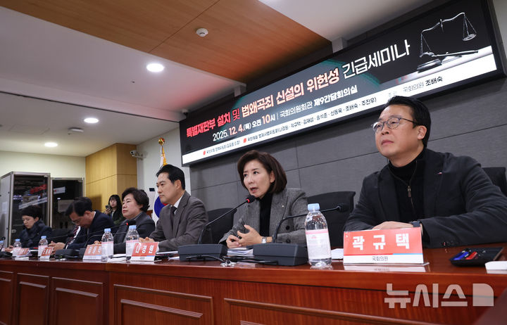 [서울=뉴시스] 김금보 기자 = 나경원 국민의힘 의원이 4일 오전 서울 여의도 국회 의원회관에서 열린 국민의힘 법제사법위원회, '특별재판부 설치 및 법왜곡죄 신설의 위헌성 긴급세미나'에서 발언을 하고 있다. 2025.12.04. kgb@newsis.com