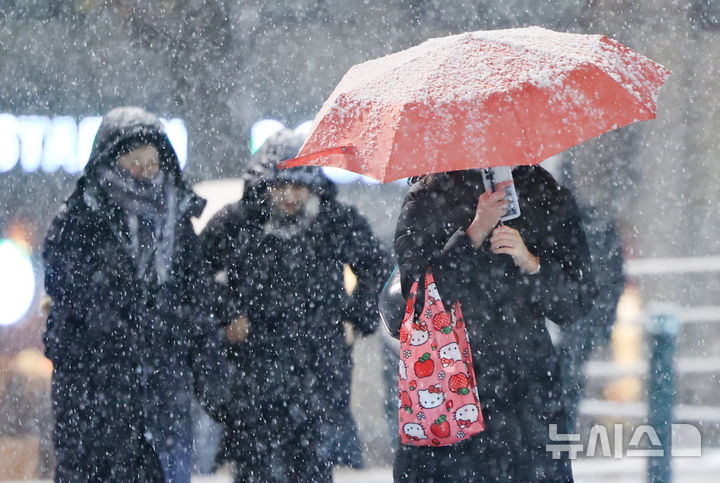 [서울=뉴시스] 황준선 기자 = 서울·인천·경기·강원 대설주의보가 발효된 지난 4일 오후 서울 중구 거리에 눈이 내리고 있다. 2025.12.04. hwang@newsis.com