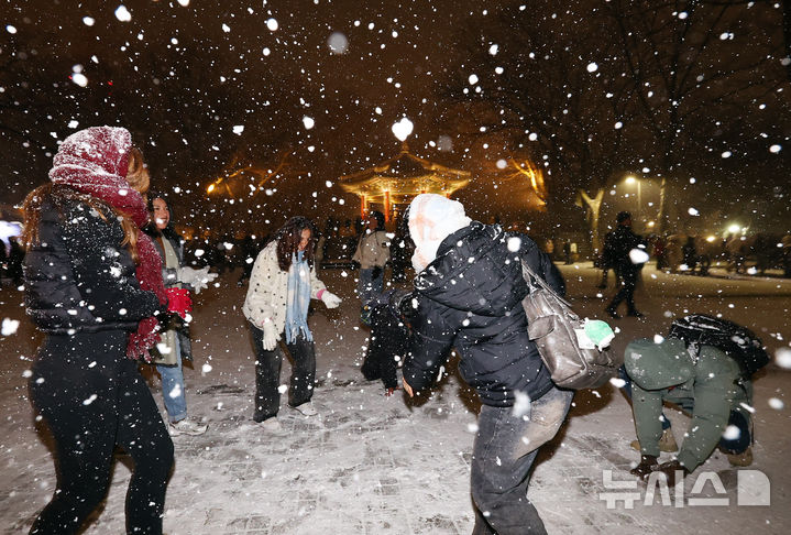 [서울=뉴시스] 최진석 기자 = 서울·인천·경기·강원 대설주의보 발효된 4일 서울 남산에서 외국인들이 눈싸움을 하고 있다. 2025.12.04. myjs@newsis.com