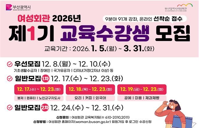 [부산=뉴시스] 부산시 여성회관은 오는 8일부터 '2026년 제1기 교육과정' 수강생을 모집한다고 7일 밝혔다. (사진=부산시 제공) 2025.12.07. photo@newsis.com *재판매 및 DB 금지