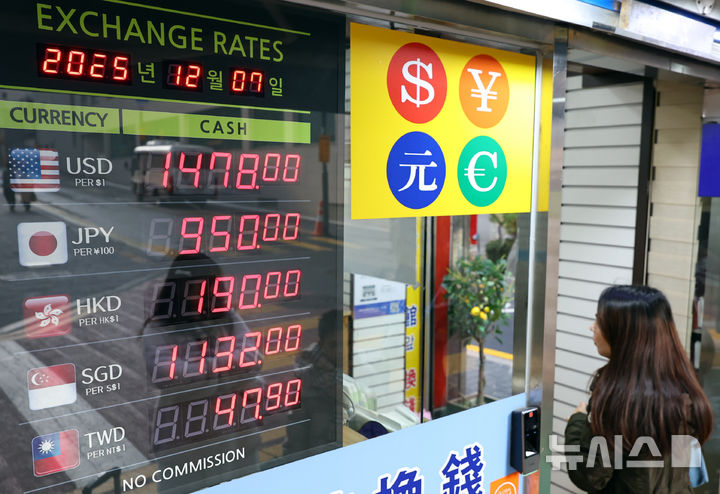 [서울=뉴시스] 최진석 기자 = 서울 명동 환전소에 원·달러 환전 시세가 보이고 있다. 2025.12.07. myjs@newsis.com