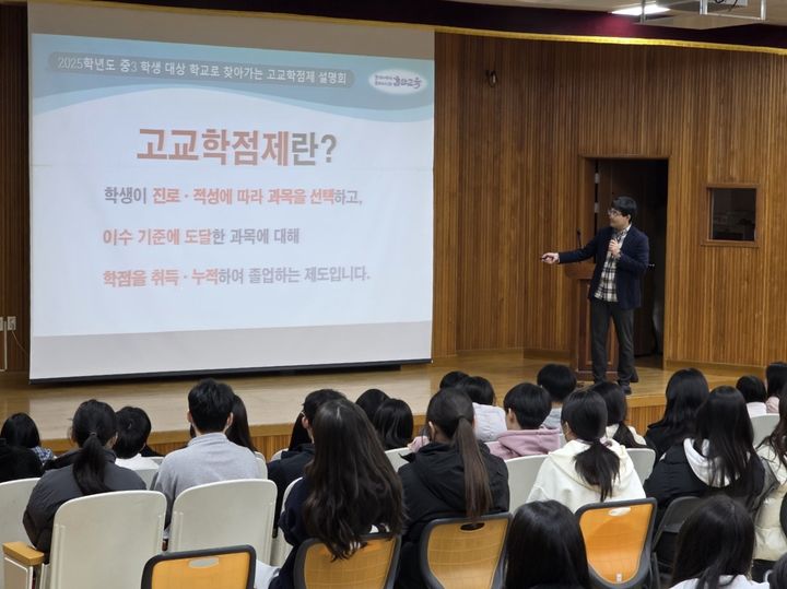 [울산=뉴시스] 구미현 기자 = 울산무거중학교 3학년 학생들이 1일 '학교로 찾아가는 고교학점제 설명회' 연수를 듣고있다. (사진=울산시교육청 제공) 2025.12.08. photo@newsis.com *재판매 및 DB 금지