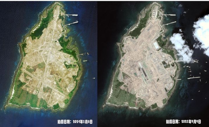 [서울=뉴시스] 중국 관영 글로벌 타임스(GT)가 7일 군사화가 가속화하고 있다며 보도한 일본 마게시마섬의 지난해 5월(왼쪽)과 올해 9월 위성사진. 오른쪽 우상단의 하얀색 부분이 새로 군사 시설이 들어선 곳이다. (출처: 글로벌타임스) 2025.12.08.    *재판매 및 DB 금지