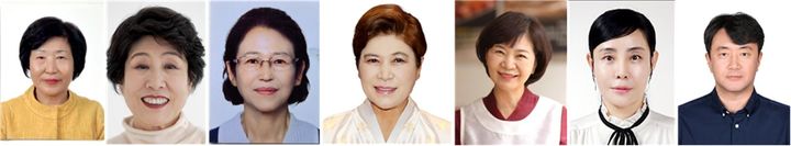 [세종=뉴시스] 농림축산식품부가 도라지정과, 식혜, 피순대, 청명주 등 대한민국 식품명인 7명을 지정했다고 8일 밝혔다. 이번에 지정된 식품명인은 왼쪽부터 ▲제95호 도라지정과 박일례씨(경기 이천) ▲제96호 식혜 서정옥씨(경기 이천) ▲제97호 도라지식초 김영민씨(전남 보성) ▲제98호 조기김치 박미희씨(경기 파주) ▲제99호 피순대 육경희씨(서울 종로) ▲제100호 겨자김치 정민서씨(강원 평창) ▲제101호 청명주 김영섭씨(충북 충주) 등이다.  *재판매 및 DB 금지