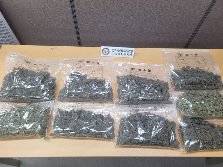 [무안=뉴시스] 태국에서 인천국제공항을 통해 대마초를 여행용 가방에 숨겨 밀반입한 40대 일당을 검거한 전남경찰청 마약수사계가 압수한 대마초. (사진 = 전남경찰청 제공) 2025.12.08. photo@newsis.com *재판매 및 DB 금지