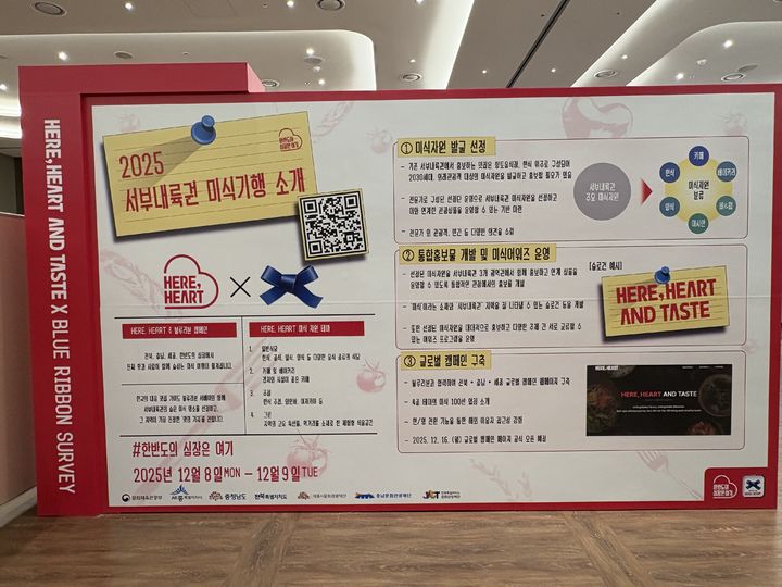 [전주=뉴시스] 8일 전북 전주시 전주 더 메이 호텔에서 전북특별자치도문화관광재단과 블루 리본 서베이 등이 주관해 열린 '히어, 하트 테이스트 어워즈' 행사에서 전북문화관광재단이 준비한 '트래블마트' 행사 소개 패널이 걸려있다. (사진=전북특별자치도문화관광재단 제공) 2025.12.08. photo@newsis.com *재판매 및 DB 금지