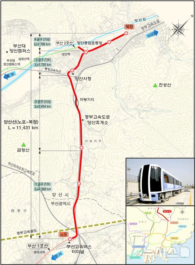 [양산=뉴시스]부산도시철도 1호선 노포역과 양산 북정동을 잇는 양산도시철도 노선도.(자료=경남도 제공)
