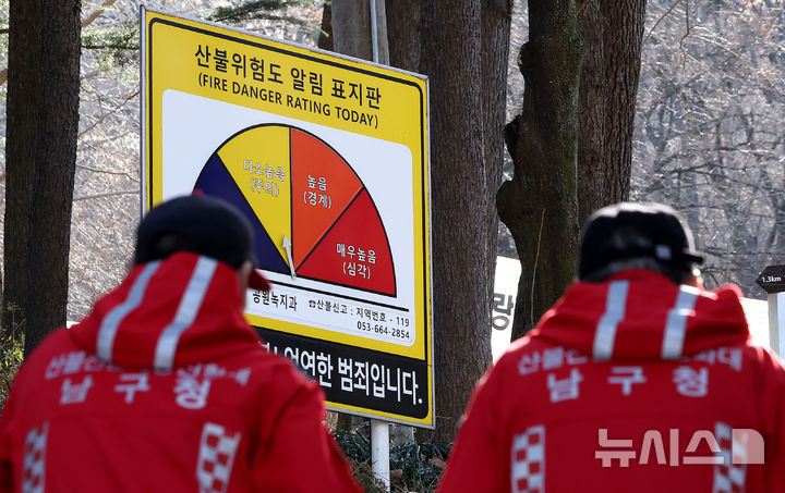 [대구=뉴시스] 이무열 기자 = 8일 대구 남구 앞산 등산로 입구에 설치된 산불위험도 알림 표지판이 다소높음(주의) 단계를 가리키고 있다. 산림청은 전국에 산불 위기경보 ‘주의’ 단계를 발령하고 입산자의 주의를 당부했다. 2025.12.08. lmy@newsis.com