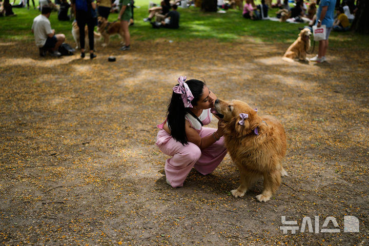 [부에노스아이레스=AP/뉴시스] 8일(현지 시간) 아르헨티나 부에노스아이레스 팔레르모 공원에서 열린 세계에서 가장 많은 골든 리트리버가 한자리에 모이는 세계 기록 도전 행사에 참가한 참가자들이 반려견과 즐거운 시간을 보내고 있다. 2025.12.09.