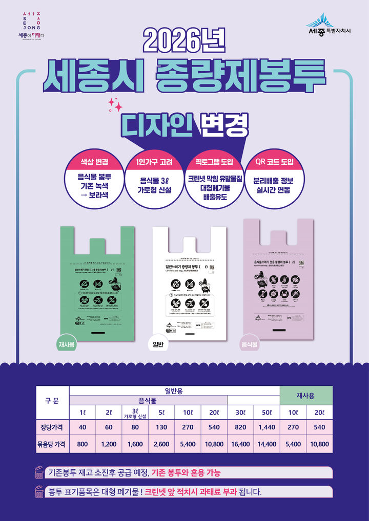 세종시, 종량제 봉투 새 디자인 공개…"분리배출 쉽게"