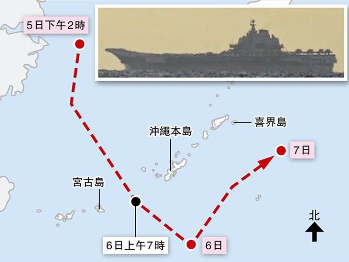  [서울=뉴시스] 중국 항공모함 랴오닝함 전단의 5일부터 7일까지 항해 궤적. 6일 미야코 해협을 통과한 뒤 북쪽으로 방향을 틀면서 혼슈에 더 근접했다며 일본측은 궤적을 공개했다.(출처: 명보) 2025.12.09. *재판매 및 DB 금지