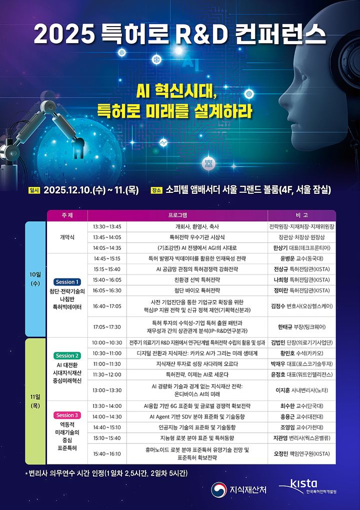 [대전=뉴시스] 서울서 열리는 '2025 특허로 R&D 컨퍼런스' 안내물.(사진=지식재산처 제공) *재판매 및 DB 금지