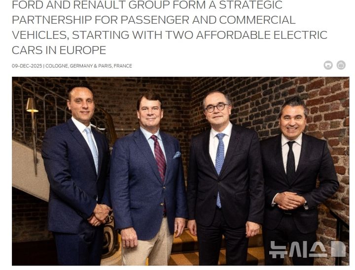 [서울=뉴시스]미국 완성차업체 포드와 프랑스 완성차업체 르노그룹이 가격 경쟁력을 무기로 유럽 전기차(EV) 시장을 잠식하는 중국 전기차업체들에 맞서 소형 EV 플랫폼 공유 등 전략적 동반자 관계를 맺기로 했다. 사진은 포드 홈페이지에 게재된 보도자료. 2025.12.10
