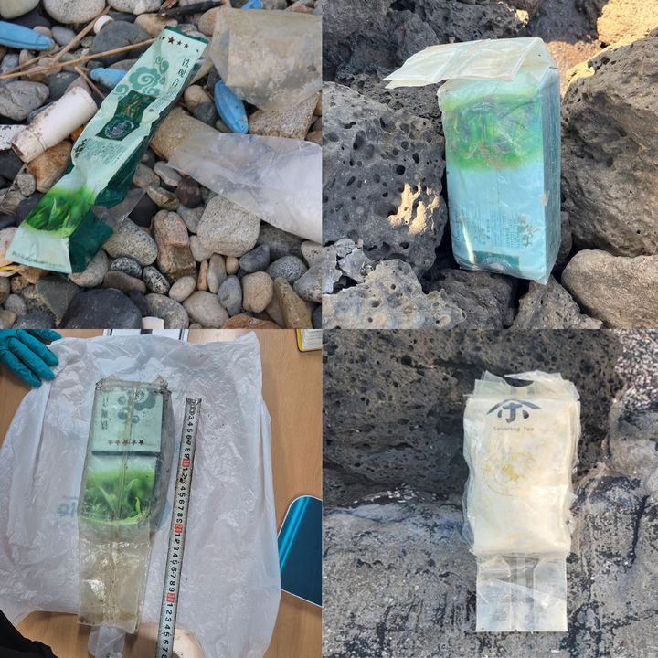 [서울=뉴시스] 제주 및 경북 동해안에서 발견된 차 포장지. (사진=제주지방해양경찰청, 울진해양경찰서 제공) *재판매 및 DB 금지