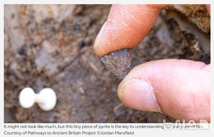 [서울=뉴시스]대영박물관과 영국자연사박물관 등 영국 연구진이 영국 동부 구석기 시대 유적지에서 40만년전 네안데르탈인으로 추정되는 인류가 인위적으로 불을 피우고 사용한 구체적인 증거를 발견했다고 발표했다. 사진은 유적지에서 발견된 황철석 조각. (사진 = 영국자연사박물관 홈페이지 갈무리) 2025.12.11 photo@newsis.com 