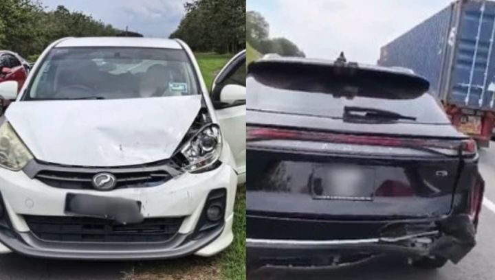 [뉴시스]추돌사고로 여성의 차 뒷부분이 파손됐다. 왼쪽은 상대방, 오른쪽은 여성의 차. (사진 = TRP 캡처) *재판매 및 DB 금지