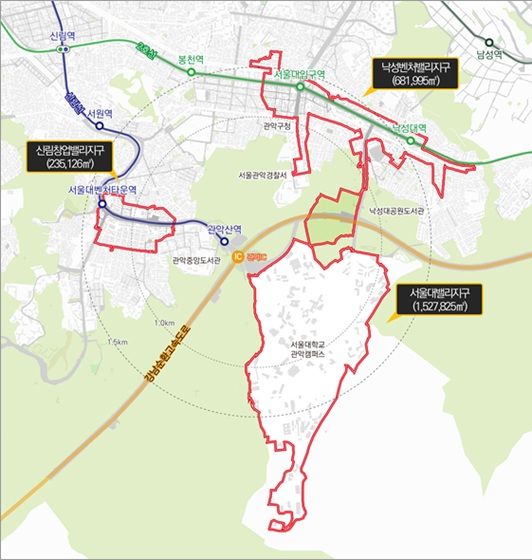 [서울=뉴시스]관악S밸리 R&D 벤처·창업 특정개발진흥지구 대상지 위치도.