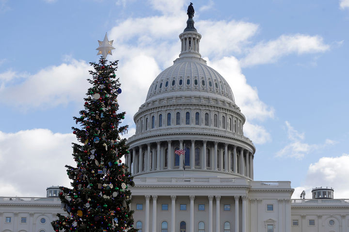 [워싱턴=AP/뉴시스]미 의회 건물 앞 에 서 있는 크리스마스 트리. 오는 1월30일 예산 시한을 앞두고 상하원이 2주 동안의 휴회에 들어가면서 사상 최장기인 43의 셧다운을 겪은 미 정부가 다시 셧다운될 가능성이 커지고 있다. 2025.12.23.