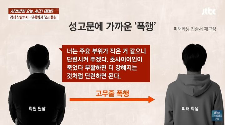 [뉴시스]학원 원장은 아이를 '초사이언'으로 단련시켜 주겠다며 수년간 기행을 이어왔다. (사진 = JTBC 사건반장 캡처) *재판매 및 DB 금지