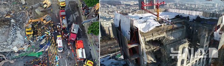 [광주=뉴시스] 이영주 기자 = 지난 11일 광주 서구 치평동 광주대표도서관 공사현장에서 붕괴사고가 난 가운데 2021년부터 전날까지 누적된 지역 공사현장 내 대형 붕괴사고가 3건에 이르고 있다. 지난 2021년 6월 광주 동구 학동에서 발생한 붕괴참사 현장(왼쪽)과 2022년 1월 서구 화정아이파크 공사현장에서 발생한 붕괴참사 현장. 2025.12.12. leeyj2578@newsis.com