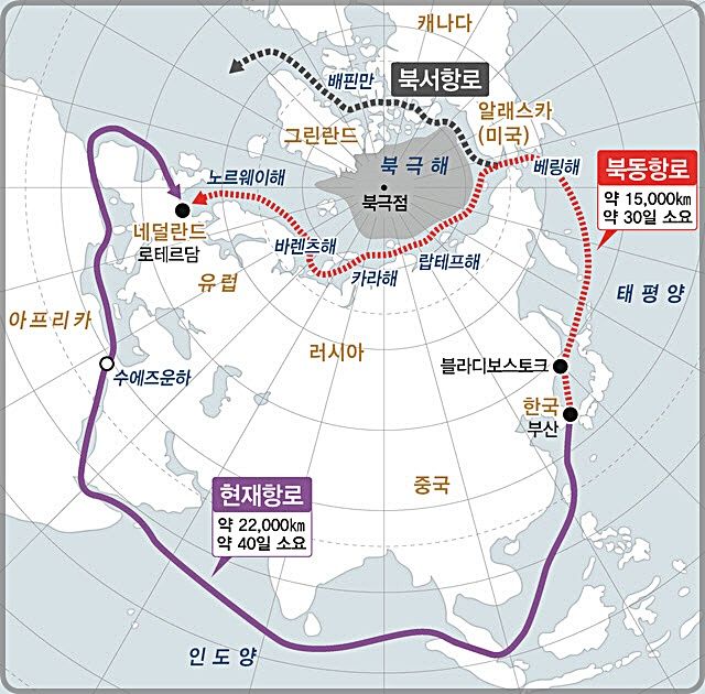 [대전=뉴시스] 코레일과 한국해양수산개발원이 '철도-항만 복합 물류망 구축 업무협약'을 체결하고 북극항로를 활용한 운송로 개척에서 상호 협력해 나가기로 했다. 사진은 북극항로.(사진=코레일 제공) *재판매 및 DB 금지