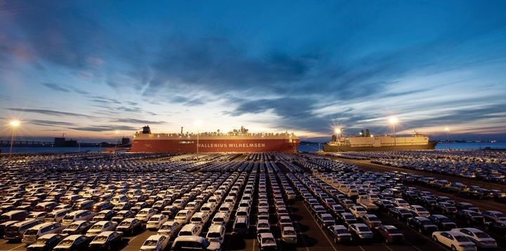 [서울=뉴시스] 평택항에서 선적을 기다리는 기아의 수출용 차량들. (사진=기아 80년 사사) 2025.12.13. photo@newsis.com *재판매 및 DB 금지