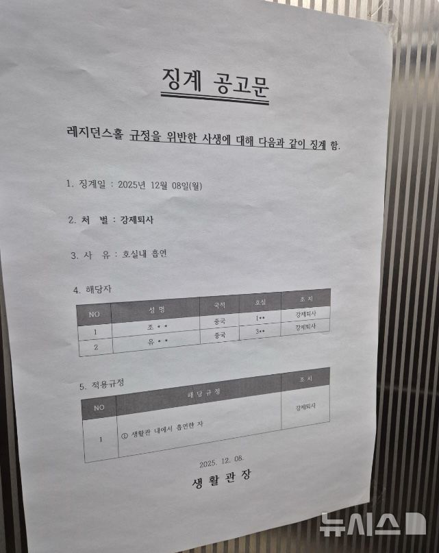 [서울=뉴시스]지난 8일 숭실대 레지던스홀에는 기숙사 규정을 위반해 강제 퇴사 조치 된 사생 2명에 대한 징계 공고문이 부착됐다. 학교 측은 '호실 내 흡연'으로 강제 퇴사 처분을 받은 학생 2명의 국적을 중국이라고 명시했다. (사진=숭실대 에브리타임 캡쳐) 2025.12.12