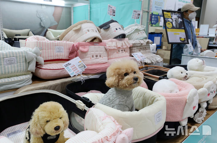 [서울=뉴시스] 김혜진 기자 = 12일 서울 강남구 세텍(SETEC)에서 열린 크리스마스 서울 펫쇼에서 관람객들이 반려견과 함께 전시장을 둘러보고 있다. 2025.12.12. jini@newsis.com