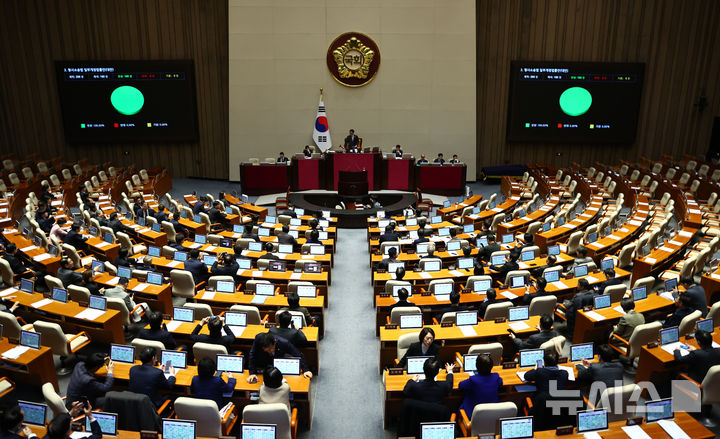 [서울=뉴시스] 김명년 기자 = 12일 오후 서울 여의도 국회에서 열린 본회의에서 형사소송법 일부개정법률안(대안)이 통과되고 있다. 2025.12.12. kmn@newsis.com