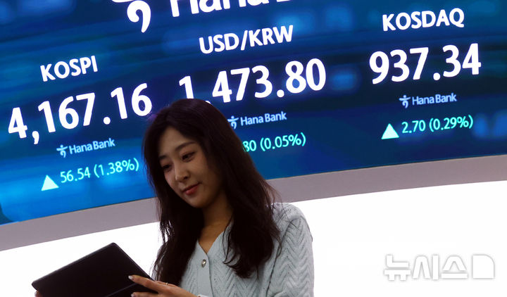 [서울=뉴시스] 박주성 기자 = 12일 오후 서울 중구 하나은행 딜링룸에서 딜러들이 업무를 하고 있다.코스피는 전 거래일(4110.62)보다 56.54포인트(1.38%) 오른 4167.16에 마감했고 코스닥 지수는 전 거래일(934.64)보다 2.70포인트(0.29%) 상승한 937.34에 거래를 마쳤다. 서울 외환시장에서 원·달러 환율은 전 거래일(1473.0원)보다 0.7원 오른 1473.7원에 주간 거래를 마감했다. 2025.12.12. park7691@newsis.com